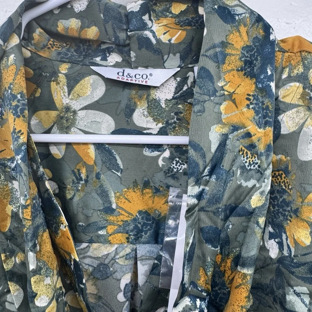 D&Co Denim & Co Size L Shirt Blouse Floral Long Sleeve TieGreen Blue Gold Flowy - Picture 4 of 9